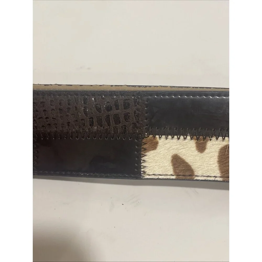 NINE WEST LEATHER PATCHWORK BROWN BELT WOMEN COWHIDE GOLD BUCKLE‎ SMALL PELLING